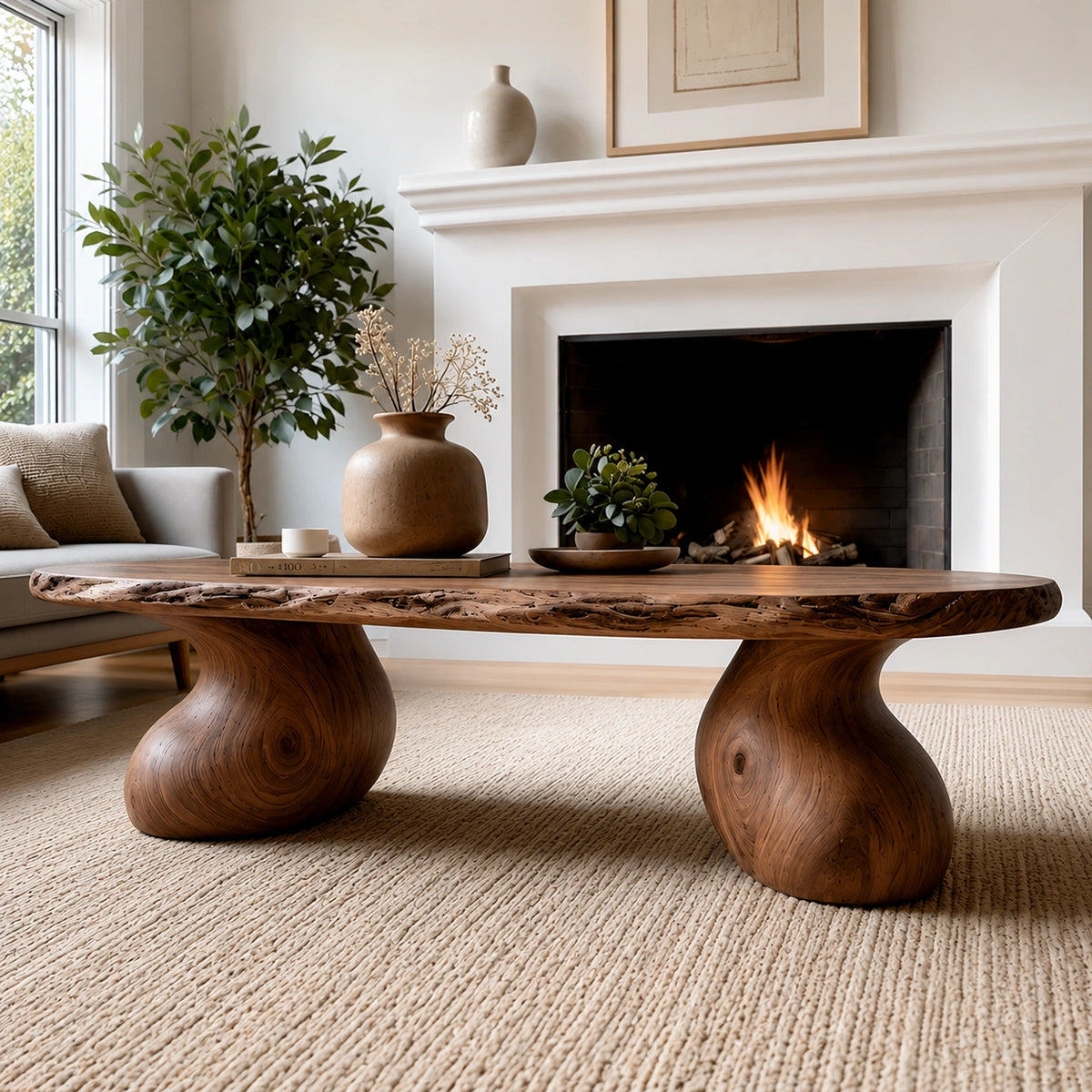 Natural Solid Wood Live Edge Coffee Table with Sculptural Curved Pedestal Legs - Livewoodcraft - 8