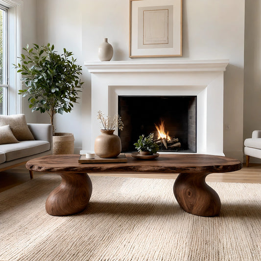 Natural Solid Wood Live Edge Coffee Table with Sculptural Curved Pedestal Legs - Livewoodcraft