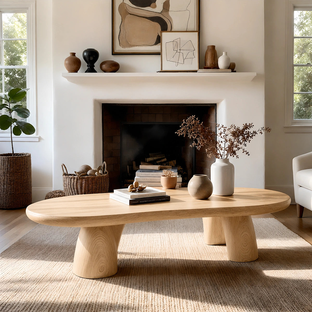 Natural Solid Wood Oval Coffee Table with Four Sculptural Legs - Livewoodcraft - 3