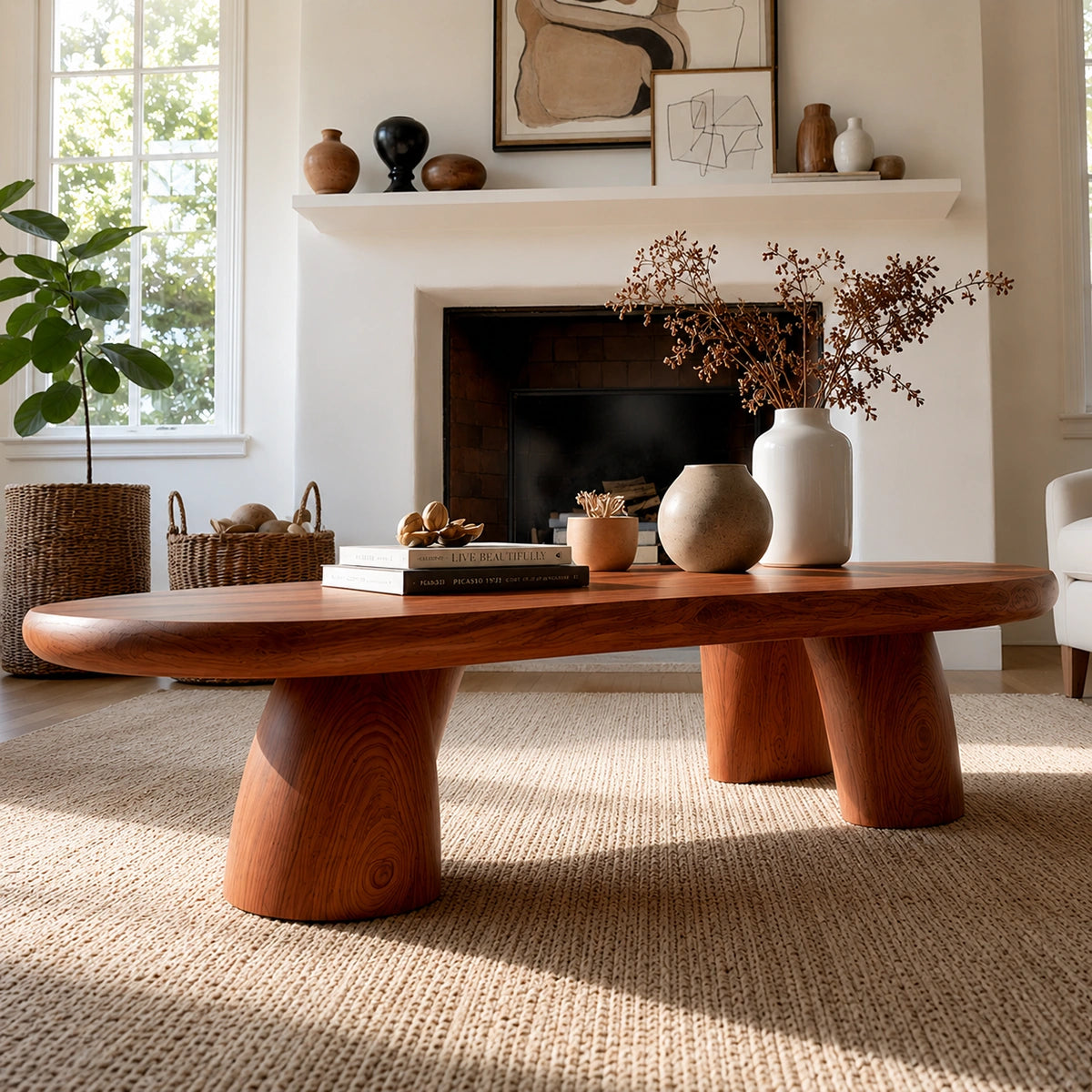 Natural Solid Wood Oval Coffee Table with Four Sculptural Legs - Livewoodcraft - 8