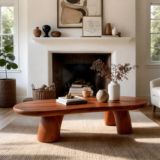Natural Solid Wood Oval Coffee Table with Four Sculptural Legs - Livewoodcraft