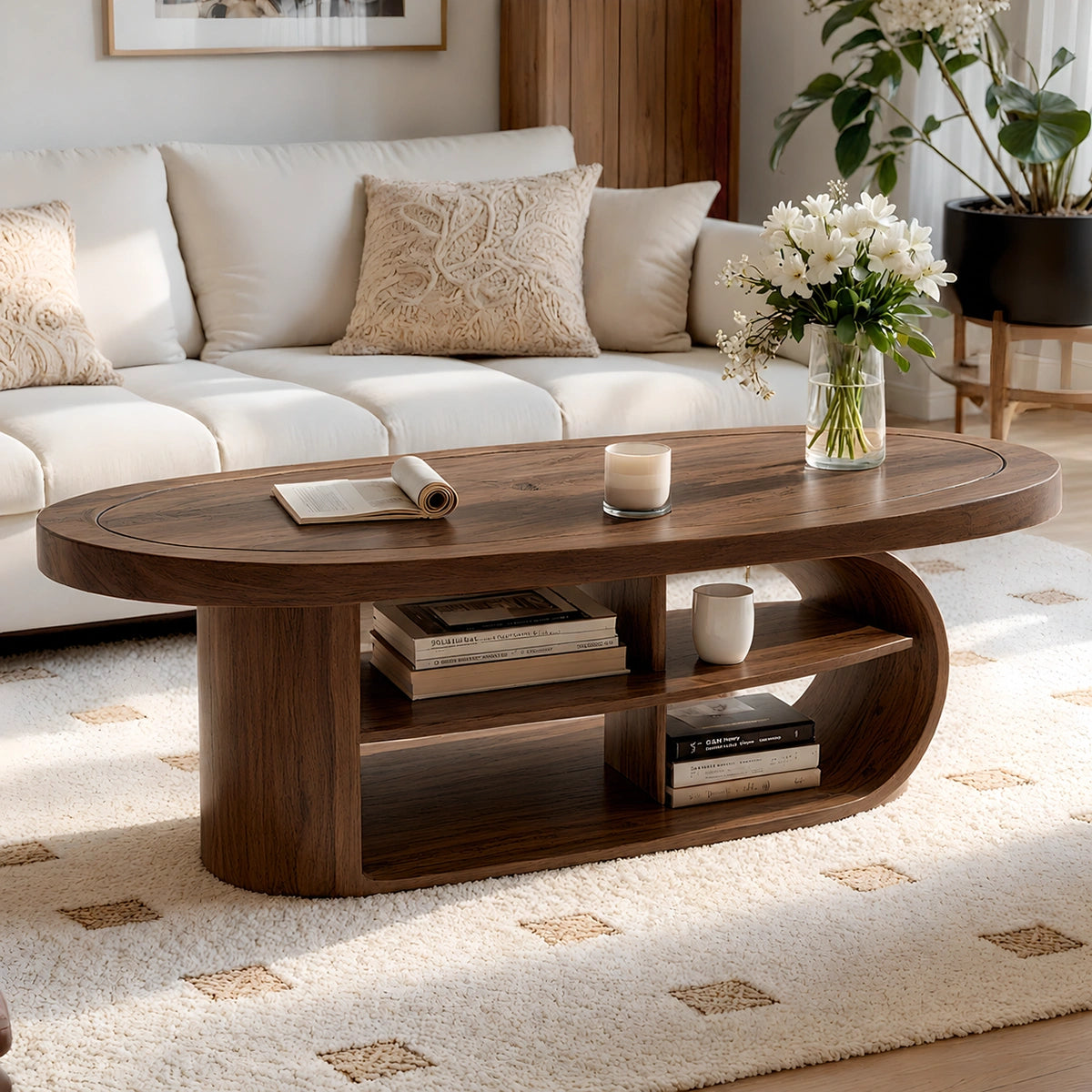 Natural Solid Wood Oval Coffee Table with Open Shelves and Curved Loop Base - Livewoodcraft - 2