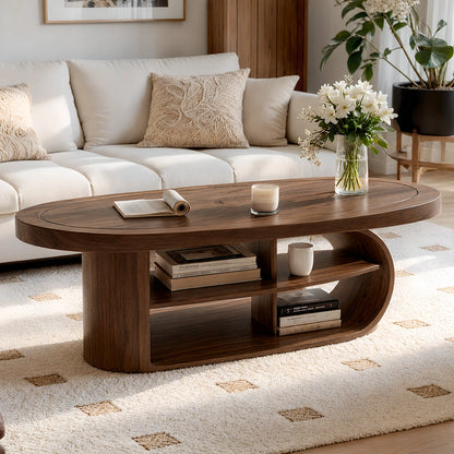 Natural Solid Wood Oval Coffee Table with Open Shelves and Curved Loop Base - Livewoodcraft - 2