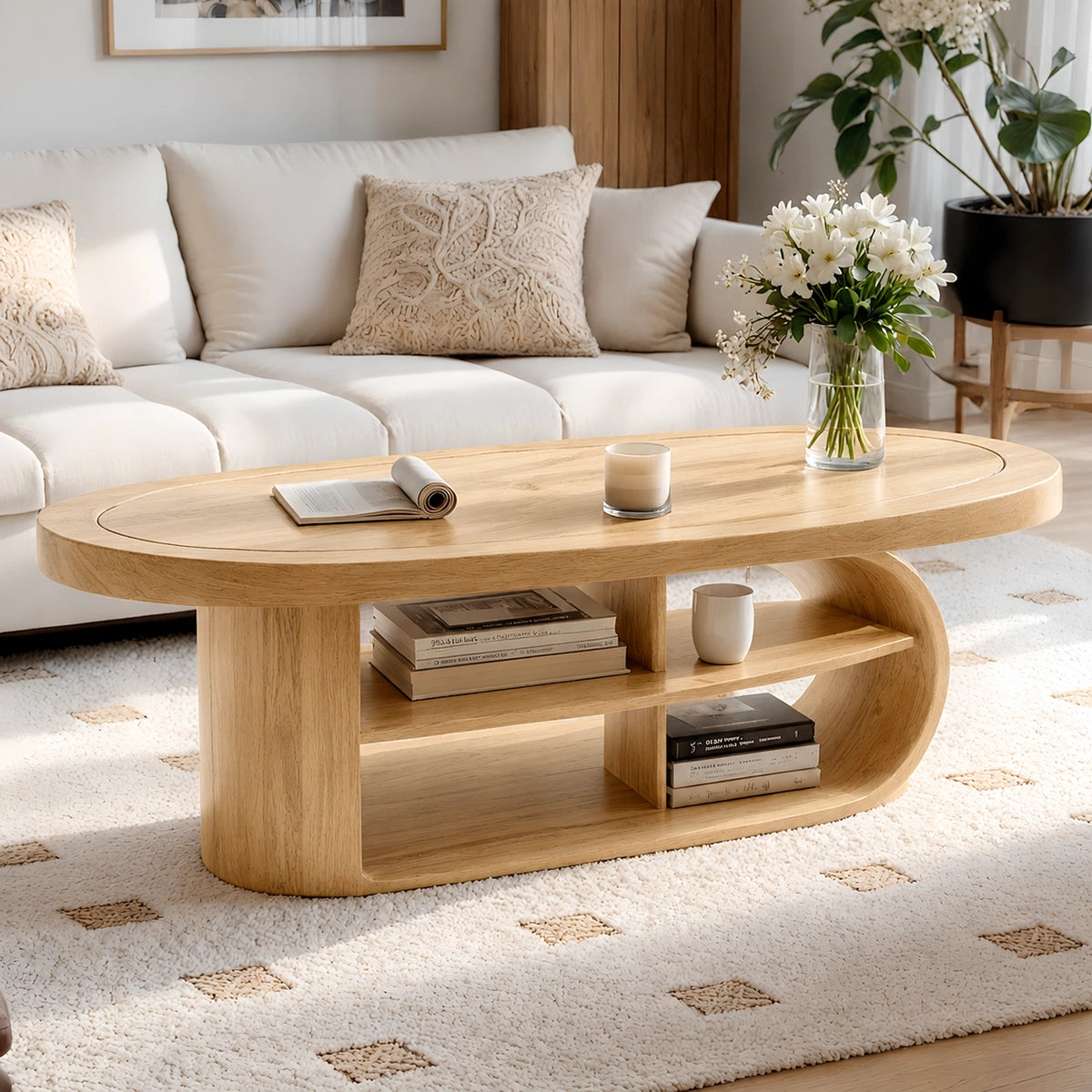 Natural Solid Wood Oval Coffee Table with Open Shelves and Curved Loop Base - Livewoodcraft - 3