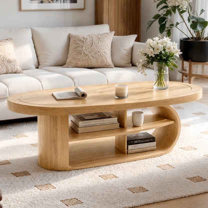 Natural Solid Wood Oval Coffee Table with Open Shelves and Curved Loop Base - Livewoodcraft - 3