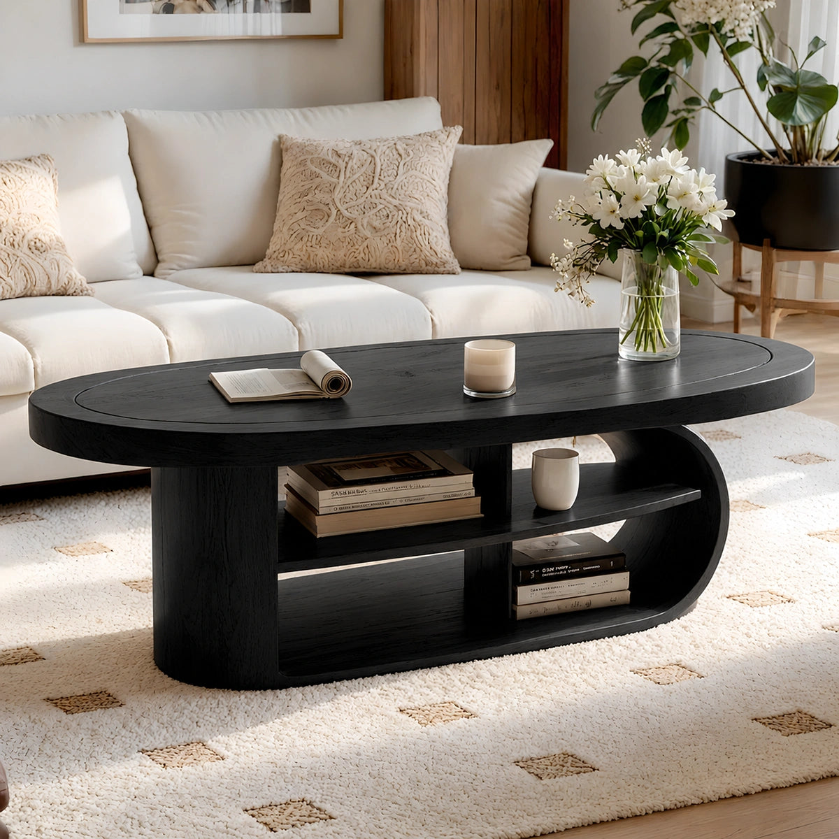 Natural Solid Wood Oval Coffee Table with Open Shelves and Curved Loop Base - Livewoodcraft - 4