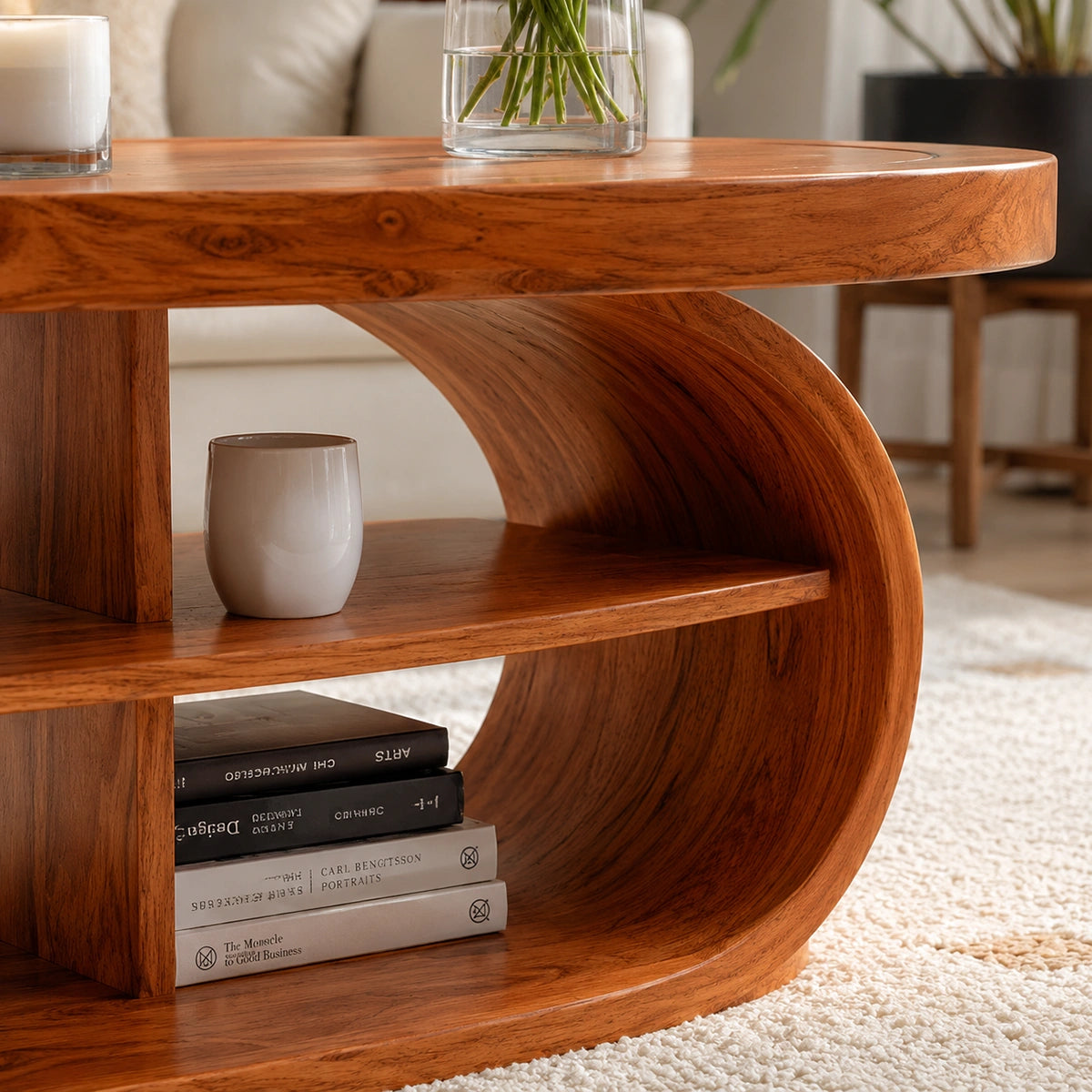 Natural Solid Wood Oval Coffee Table with Open Shelves and Curved Loop Base - Livewoodcraft - 5