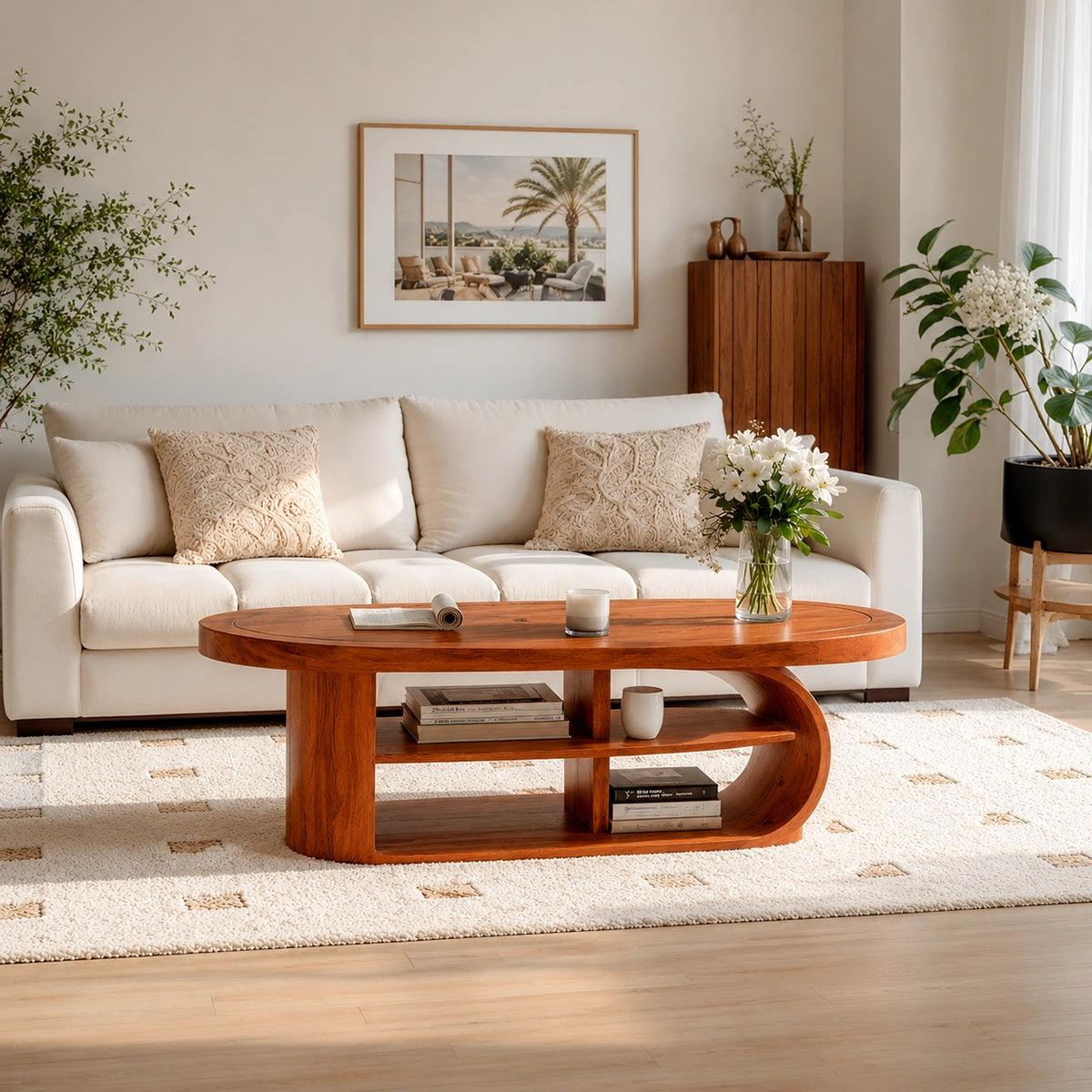 Natural Solid Wood Oval Coffee Table with Open Shelves and Curved Loop Base - Livewoodcraft - 6