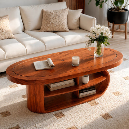 Natural Solid Wood Oval Coffee Table with Open Shelves and Curved Loop Base - Livewoodcraft - 7