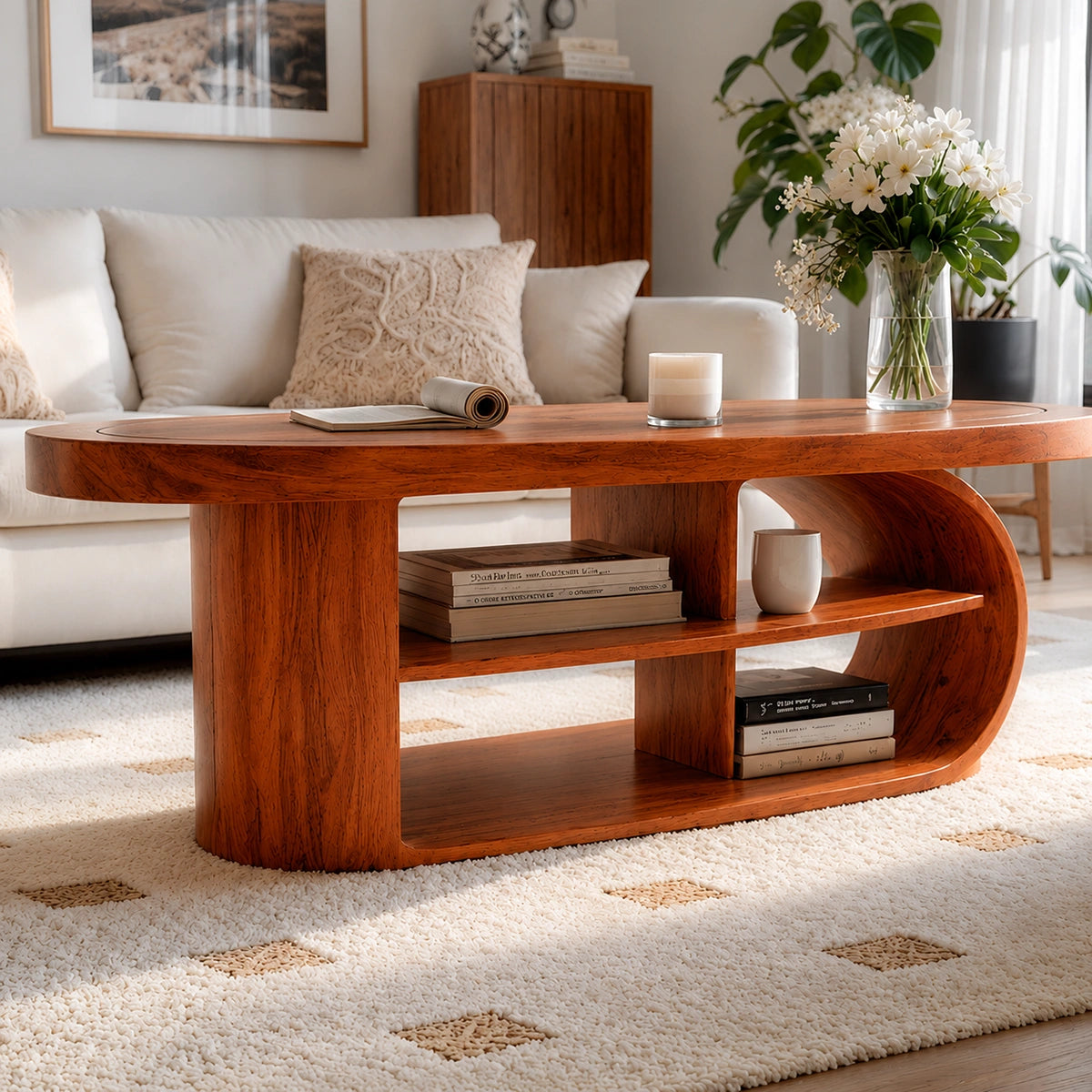 Natural Solid Wood Oval Coffee Table with Open Shelves and Curved Loop Base - Livewoodcraft - 8