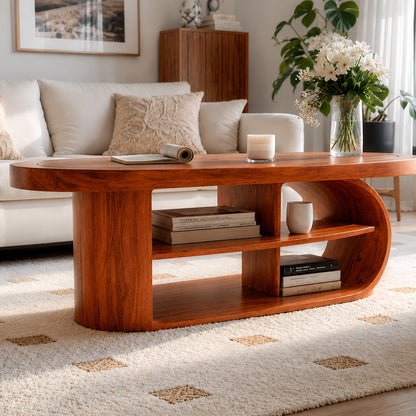 Natural Solid Wood Oval Coffee Table with Open Shelves and Curved Loop Base - Livewoodcraft - 8