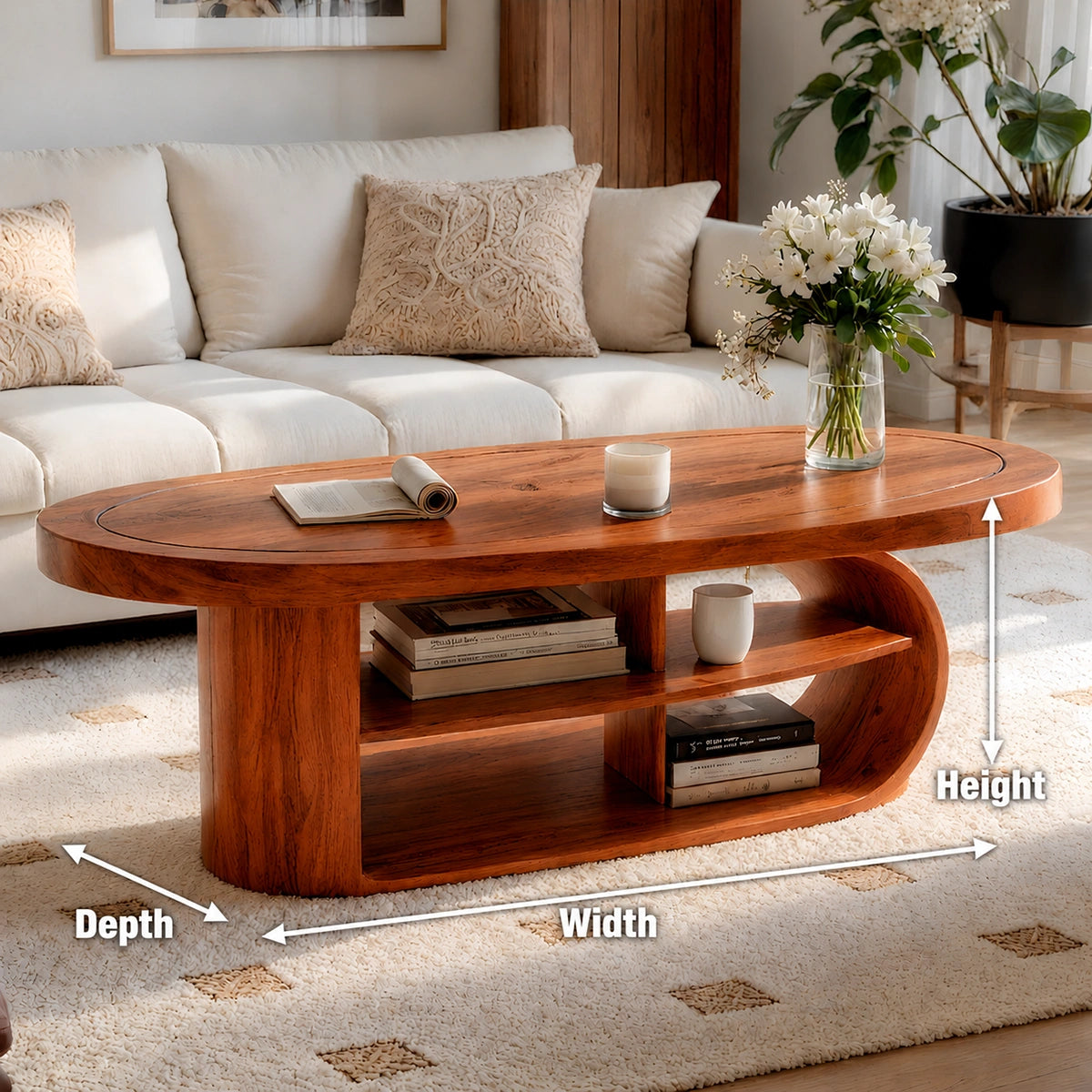 Natural Solid Wood Oval Coffee Table with Open Shelves and Curved Loop Base - Livewoodcraft - 9