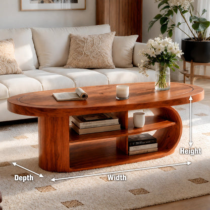 Natural Solid Wood Oval Coffee Table with Open Shelves and Curved Loop Base - Livewoodcraft - 9
