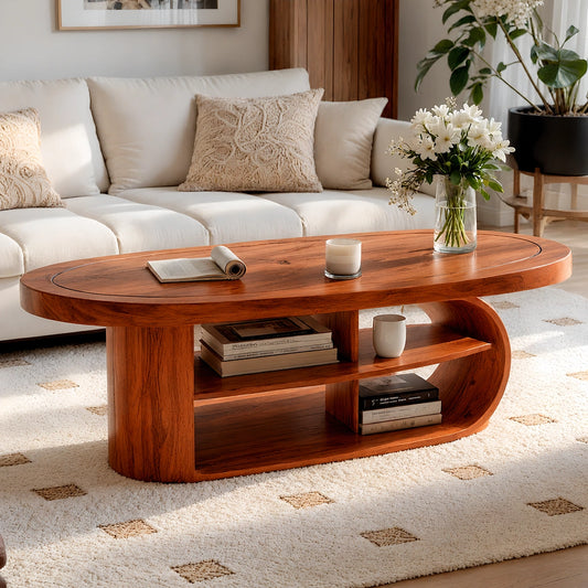 Natural Solid Wood Oval Coffee Table with Open Shelves and Curved Loop Base - Livewoodcraft