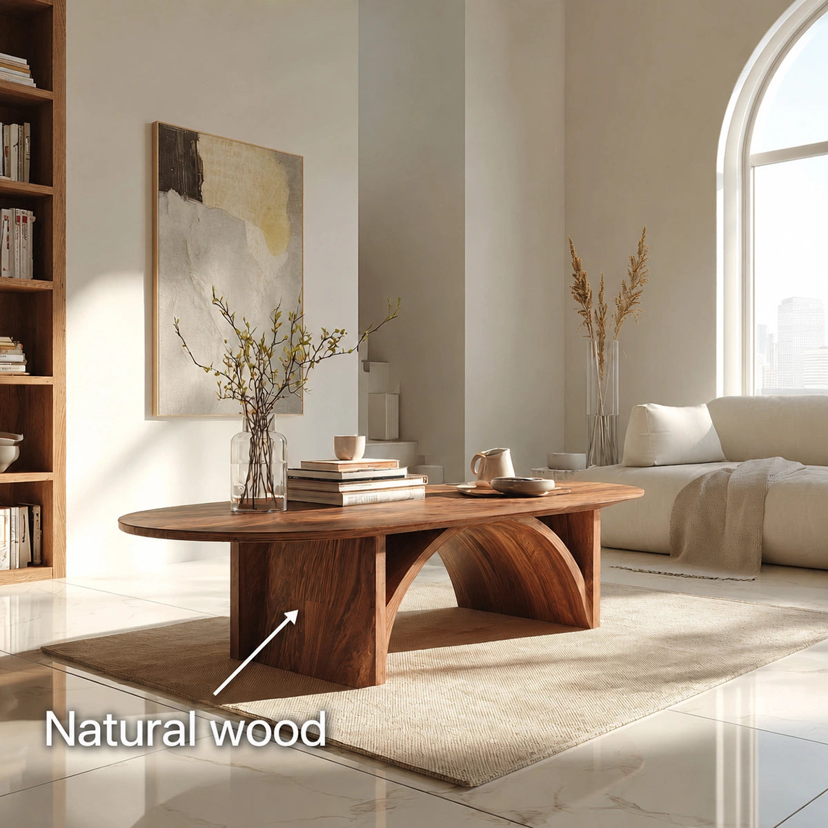 Natural Solid Wood Oval Coffee Table with Sculptural Arch Base - Livewoodcraft - 10