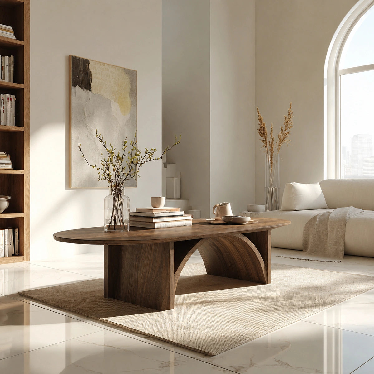 Natural Solid Wood Oval Coffee Table with Sculptural Arch Base - Livewoodcraft - 2