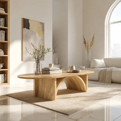Natural Solid Wood Oval Coffee Table with Sculptural Arch Base - Livewoodcraft - 3
