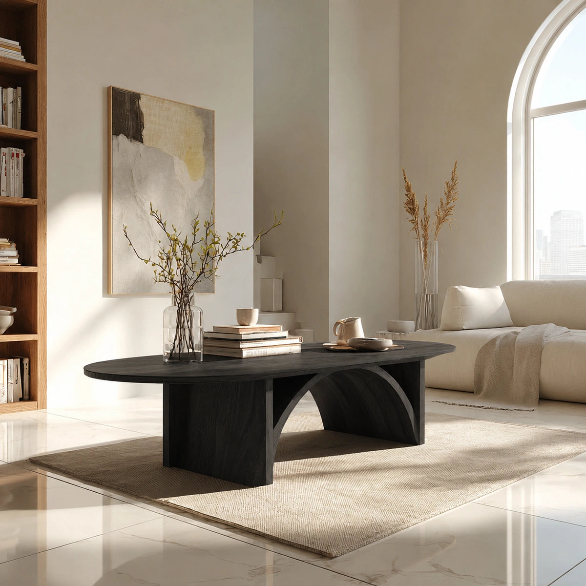 Natural Solid Wood Oval Coffee Table with Sculptural Arch Base - Livewoodcraft - 4