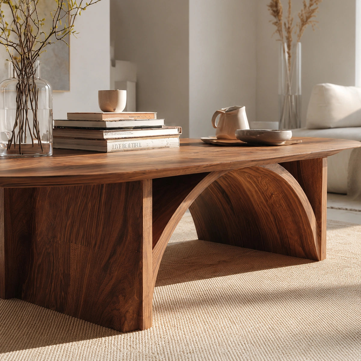 Natural Solid Wood Oval Coffee Table with Sculptural Arch Base - Livewoodcraft - 5