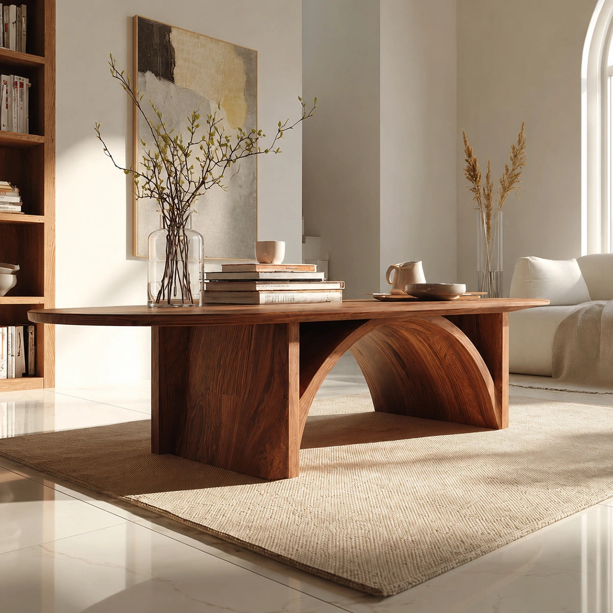 Natural Solid Wood Oval Coffee Table with Sculptural Arch Base - Livewoodcraft - 6