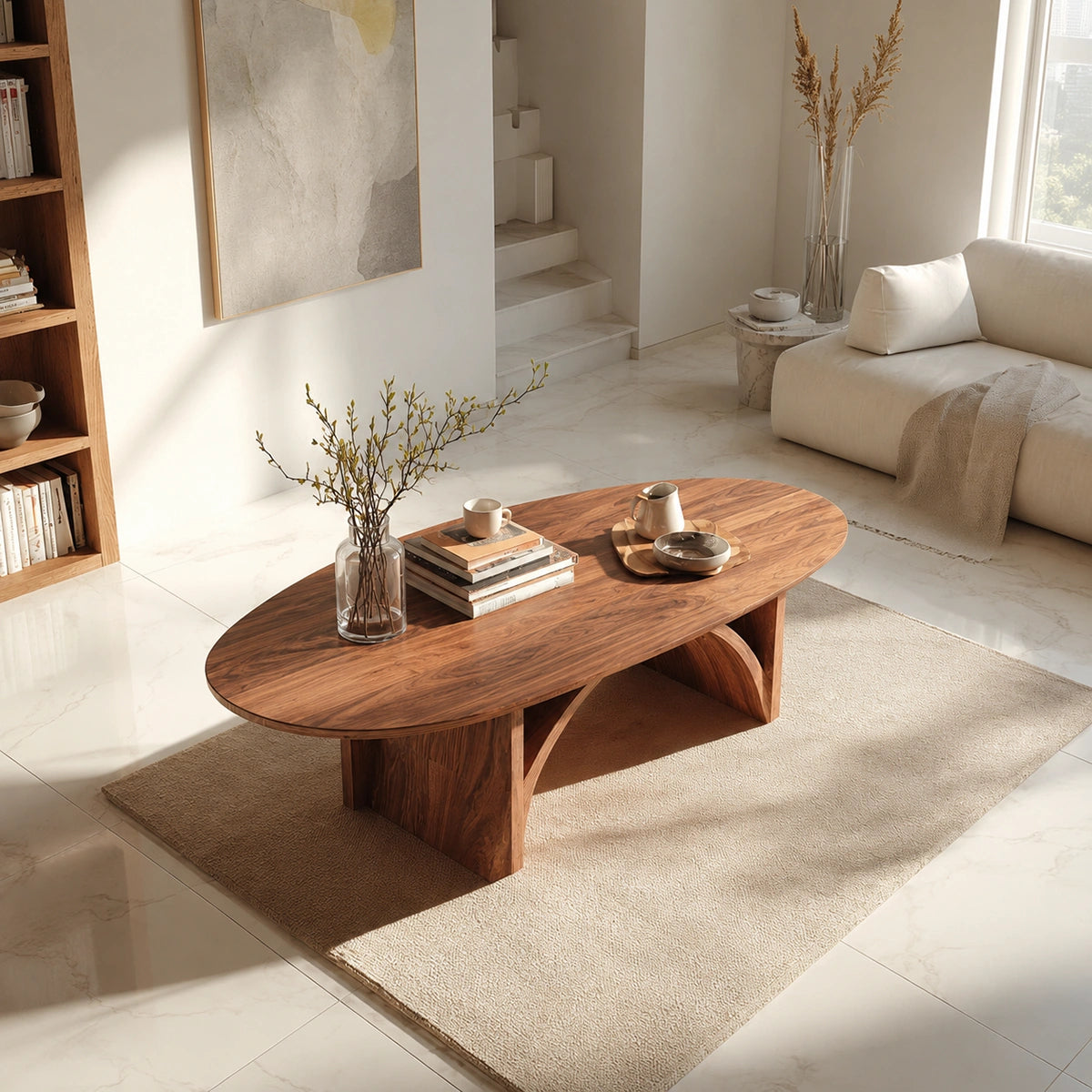 Natural Solid Wood Oval Coffee Table with Sculptural Arch Base - Livewoodcraft - 7