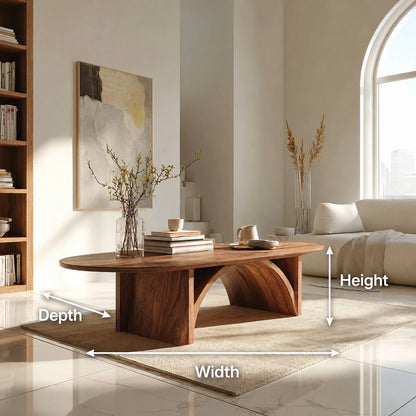 Natural Solid Wood Oval Coffee Table with Sculptural Arch Base - Livewoodcraft - 9