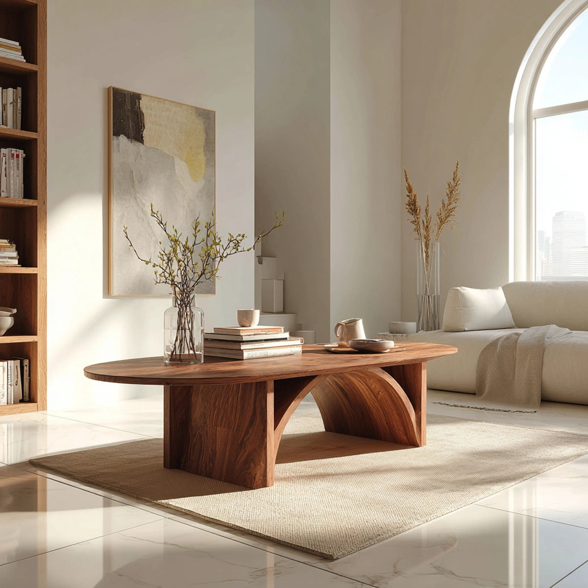 Natural Solid Wood Oval Coffee Table with Sculptural Arch Base - Livewoodcraft
