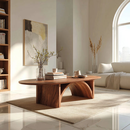 Natural Solid Wood Oval Coffee Table with Sculptural Arch Base - Livewoodcraft