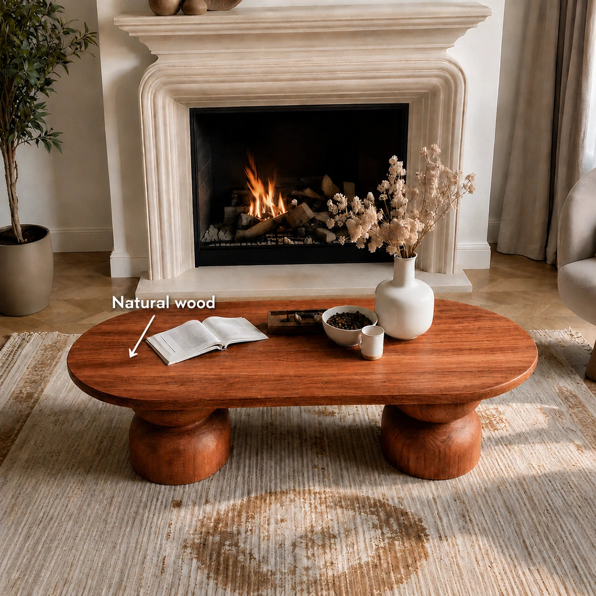 Natural Solid Wood Oval Coffee Table with Sculptural Hourglass Pedestal Legs - Livewoodcraft - 10