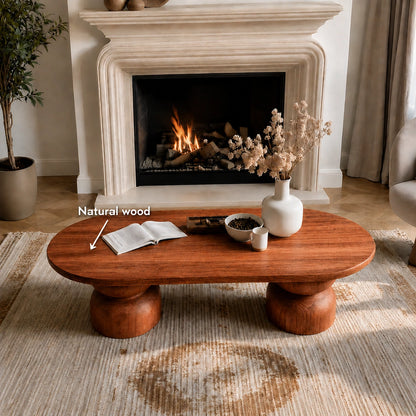 Natural Solid Wood Oval Coffee Table with Sculptural Hourglass Pedestal Legs - Livewoodcraft - 10