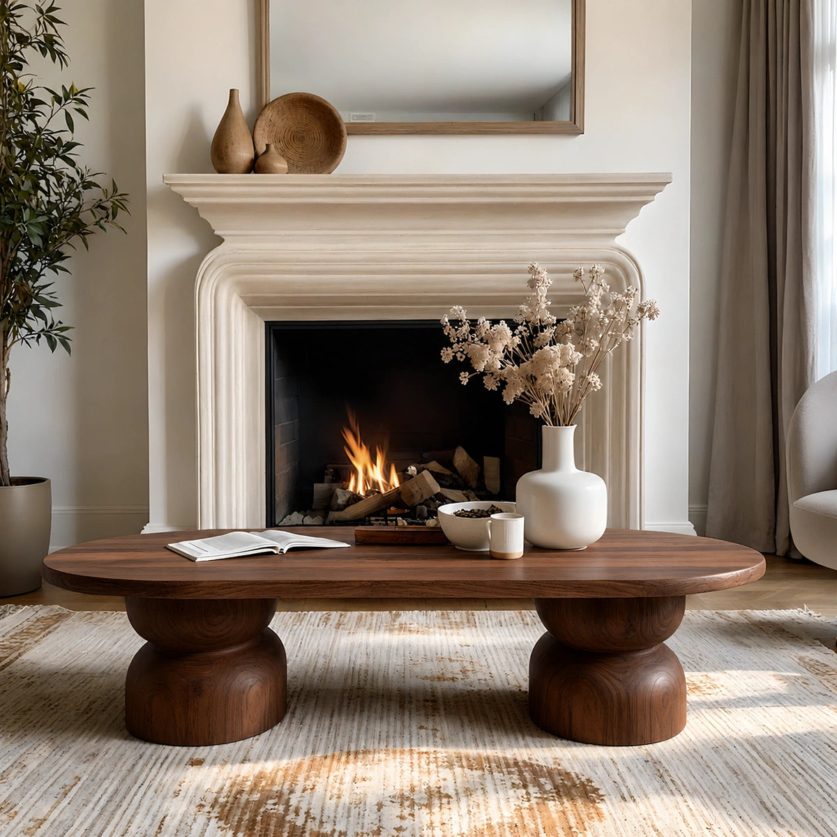 Natural Solid Wood Oval Coffee Table with Sculptural Hourglass Pedestal Legs - Livewoodcraft - 2