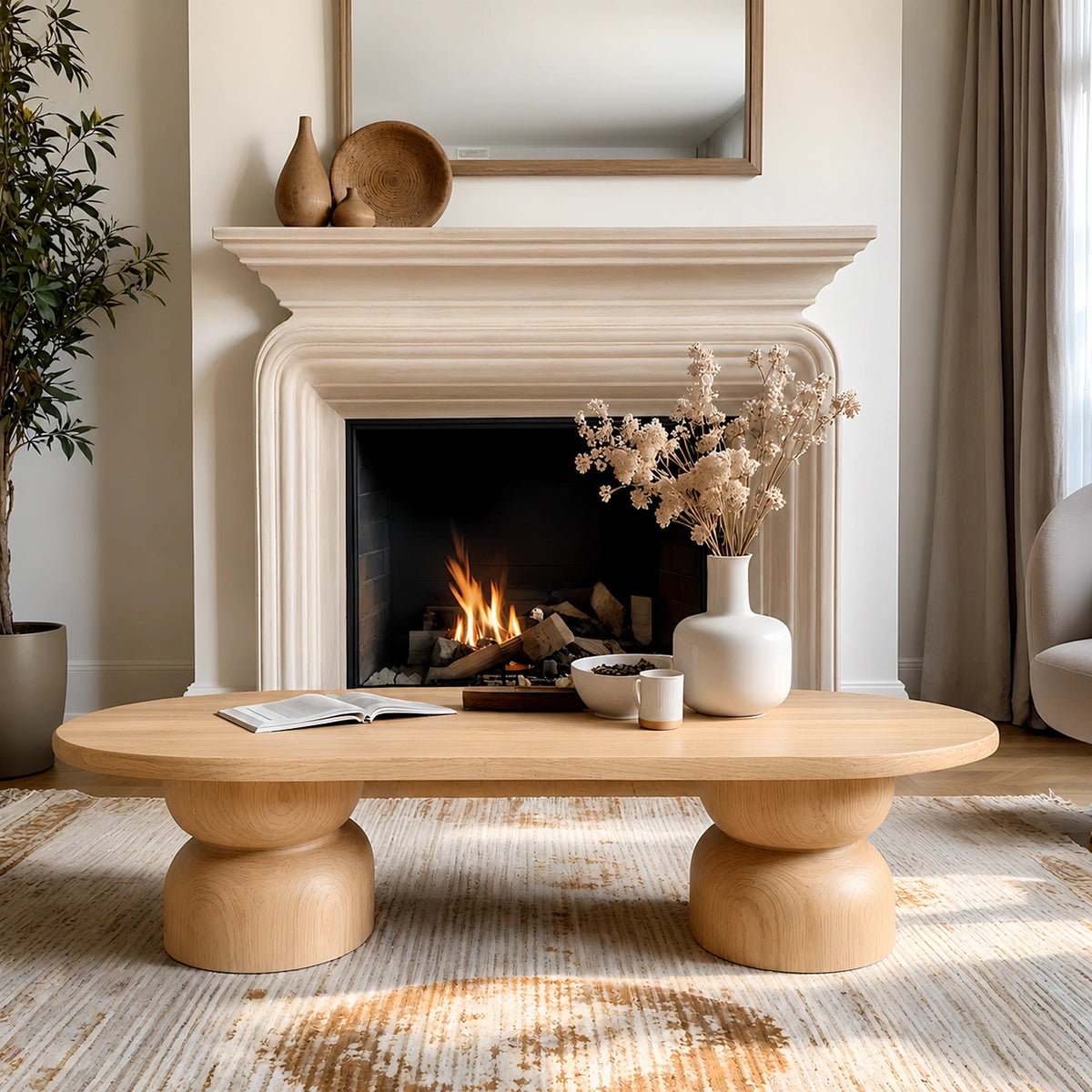 Natural Solid Wood Oval Coffee Table with Sculptural Hourglass Pedestal Legs - Livewoodcraft - 3