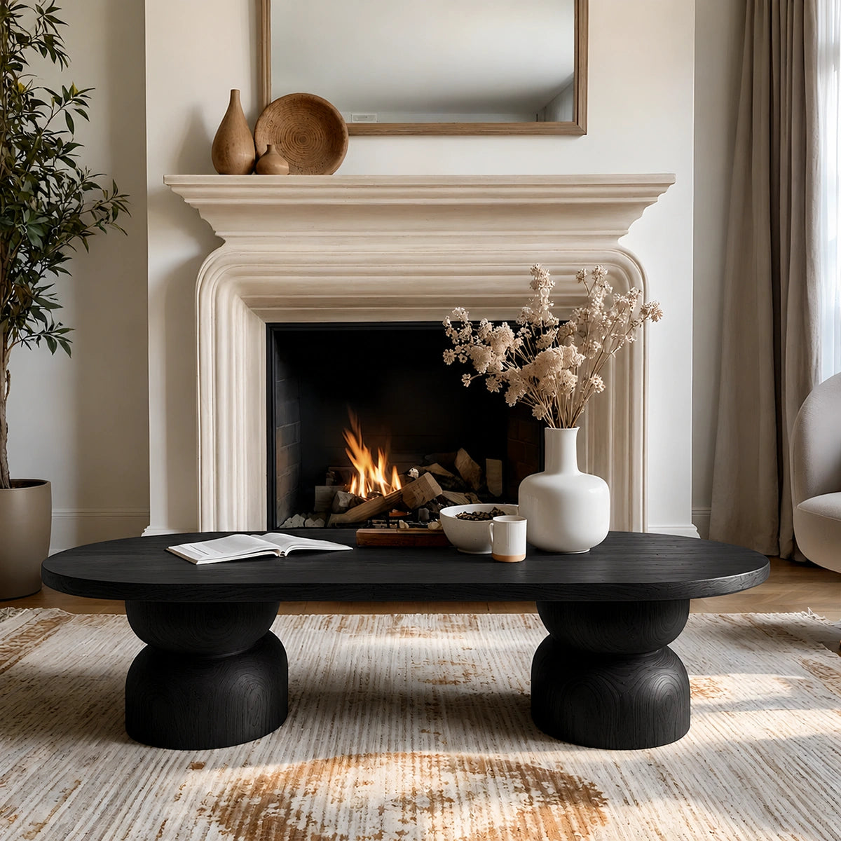 Natural Solid Wood Oval Coffee Table with Sculptural Hourglass Pedestal Legs - Livewoodcraft - 4