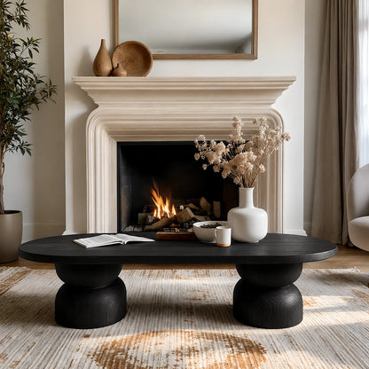 Natural Solid Wood Oval Coffee Table with Sculptural Hourglass Pedestal Legs - Livewoodcraft - 4