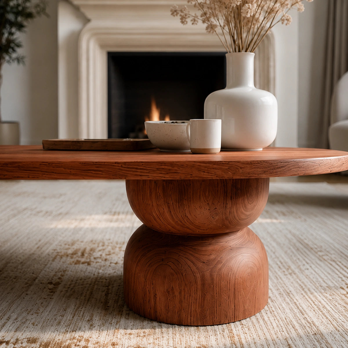 Natural Solid Wood Oval Coffee Table with Sculptural Hourglass Pedestal Legs - Livewoodcraft - 5