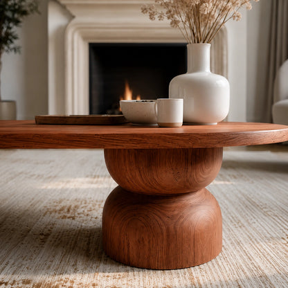 Natural Solid Wood Oval Coffee Table with Sculptural Hourglass Pedestal Legs - Livewoodcraft - 5