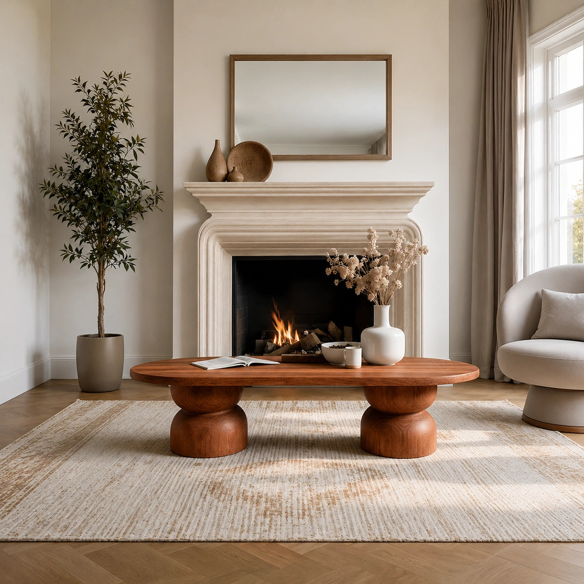 Natural Solid Wood Oval Coffee Table with Sculptural Hourglass Pedestal Legs - Livewoodcraft - 6