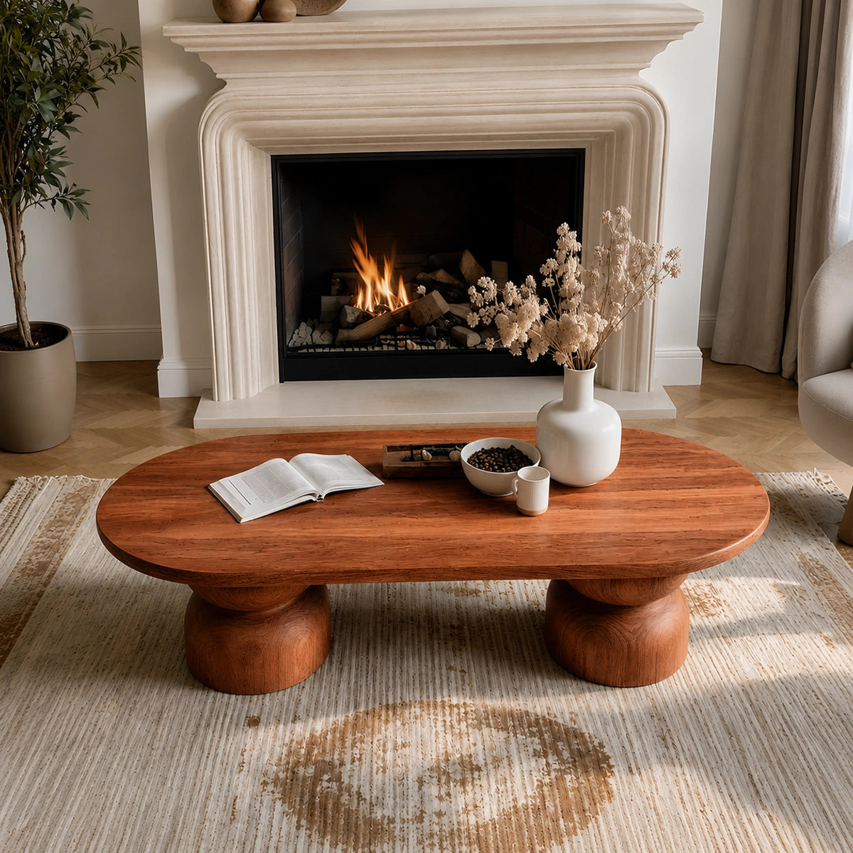Natural Solid Wood Oval Coffee Table with Sculptural Hourglass Pedestal Legs - Livewoodcraft - 7