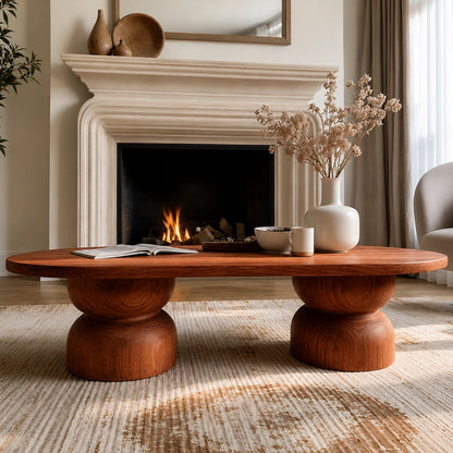 Natural Solid Wood Oval Coffee Table with Sculptural Hourglass Pedestal Legs - Livewoodcraft - 8
