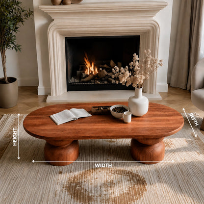 Natural Solid Wood Oval Coffee Table with Sculptural Hourglass Pedestal Legs - Livewoodcraft - 9