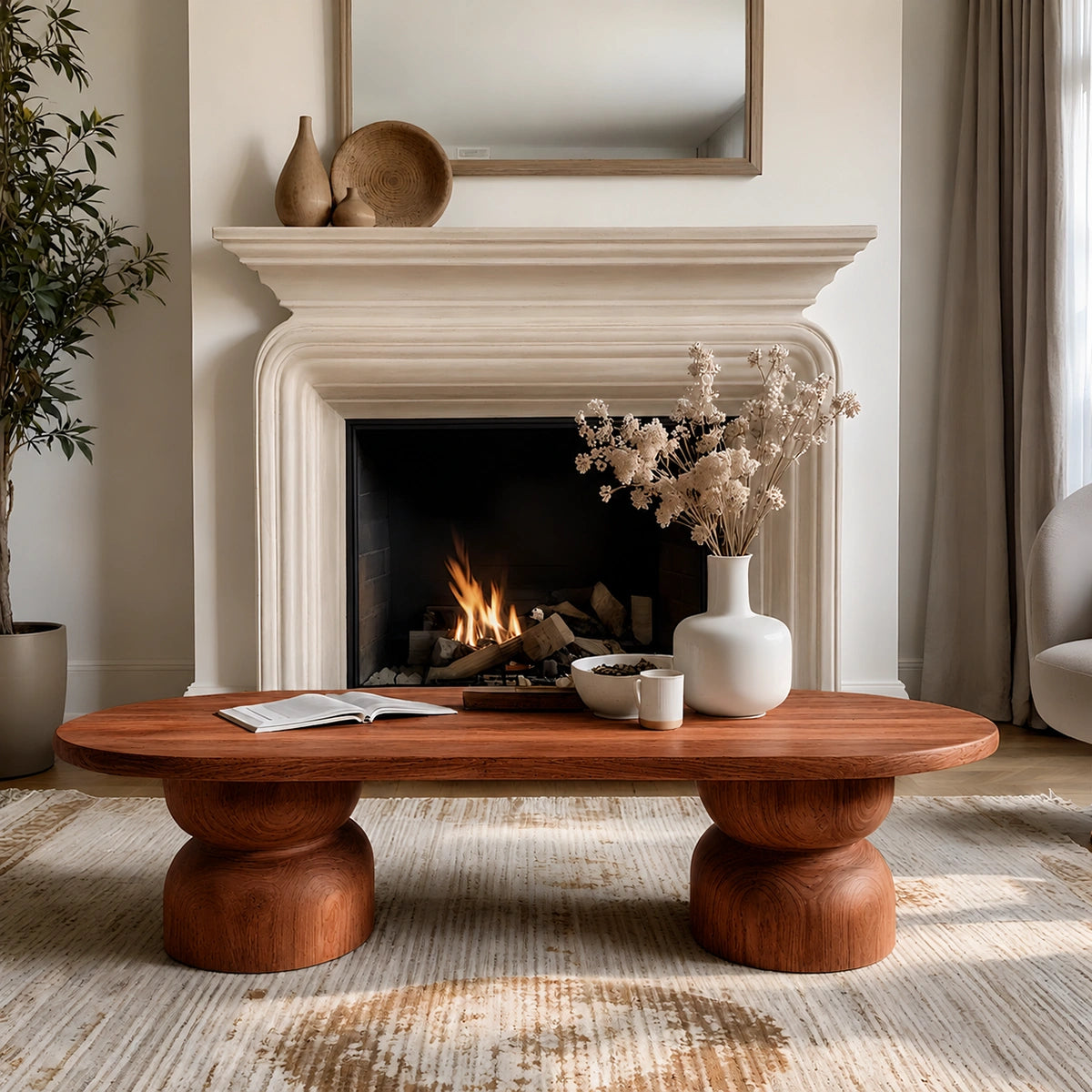 Natural Solid Wood Oval Coffee Table with Sculptural Hourglass Pedestal Legs - Livewoodcraft