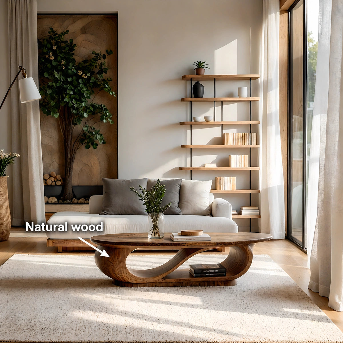 Natural Solid Wood Oval Coffee Table with Sculptural Loop Base and Lower Shelf - Livewoodcraft - 10