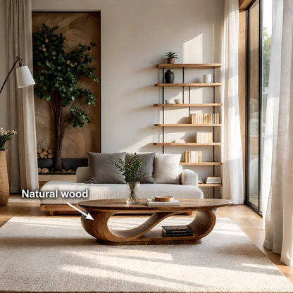 Natural Solid Wood Oval Coffee Table with Sculptural Loop Base and Lower Shelf - Livewoodcraft - 10