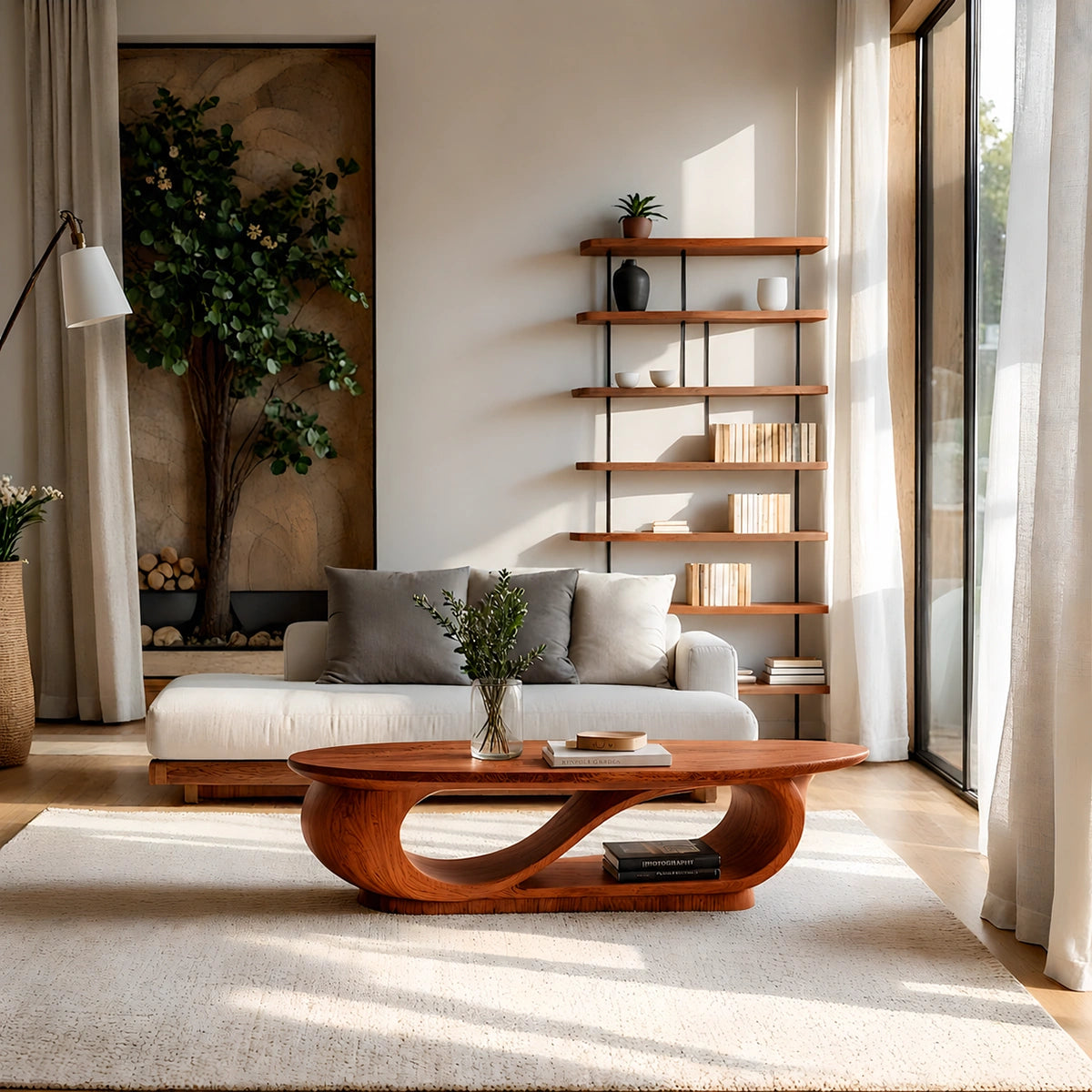 Natural Solid Wood Oval Coffee Table with Sculptural Loop Base and Lower Shelf - Livewoodcraft - 2