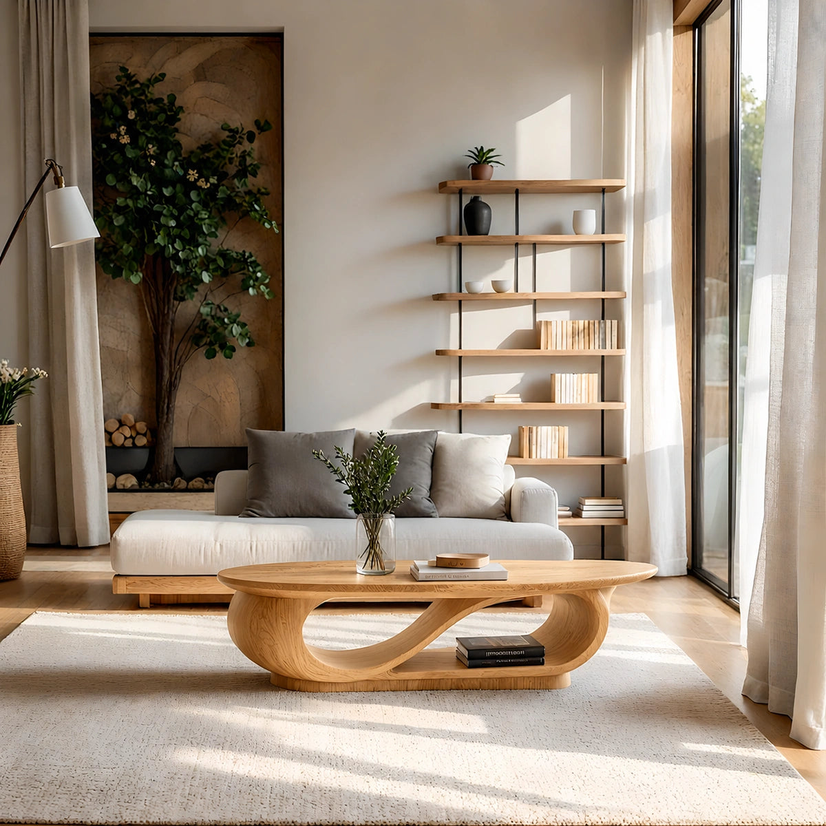 Natural Solid Wood Oval Coffee Table with Sculptural Loop Base and Lower Shelf - Livewoodcraft - 3