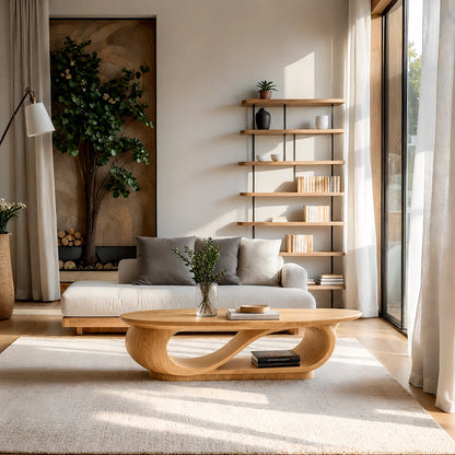 Natural Solid Wood Oval Coffee Table with Sculptural Loop Base and Lower Shelf - Livewoodcraft - 3