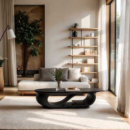 Natural Solid Wood Oval Coffee Table with Sculptural Loop Base and Lower Shelf - Livewoodcraft - 4