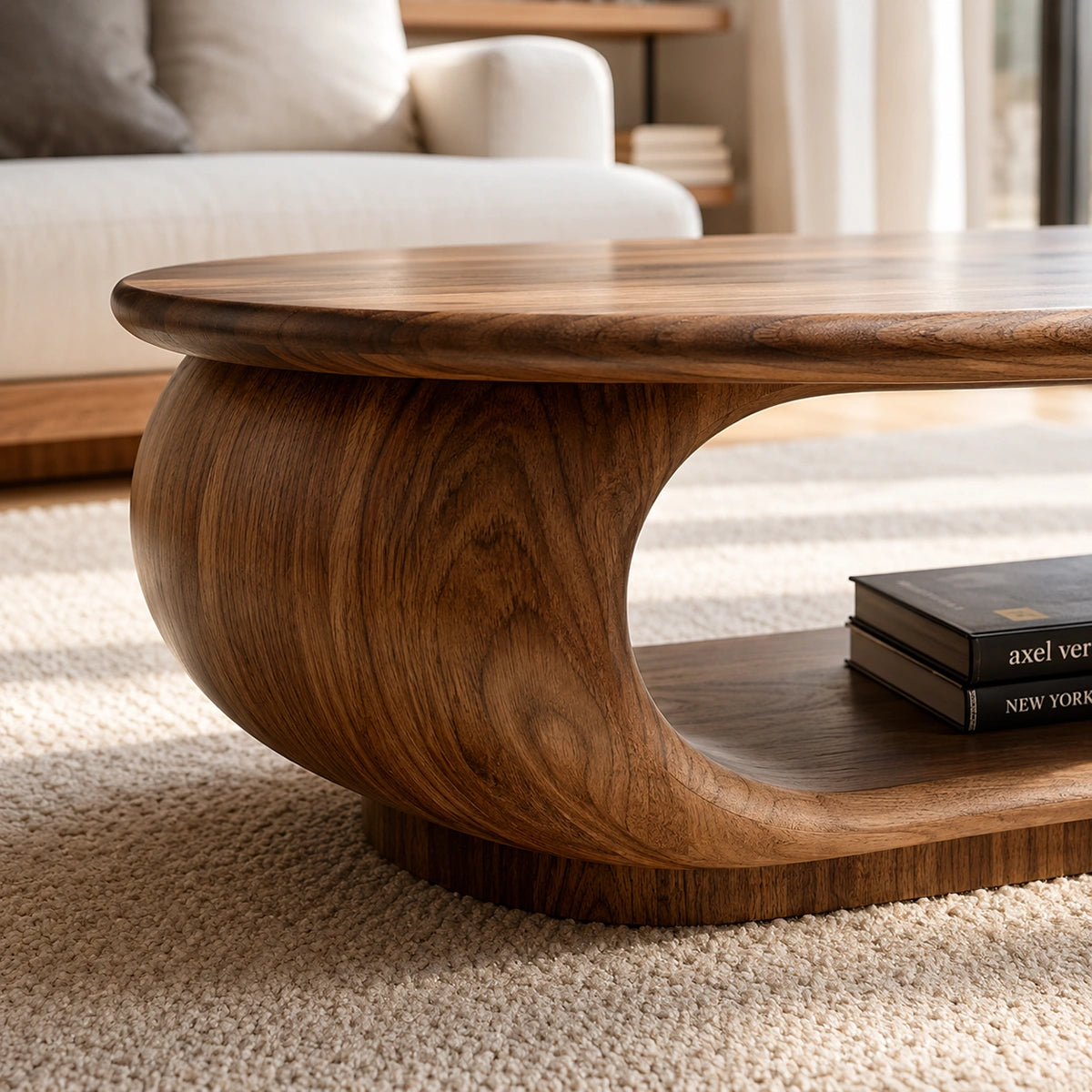 Natural Solid Wood Oval Coffee Table with Sculptural Loop Base and Lower Shelf - Livewoodcraft - 5