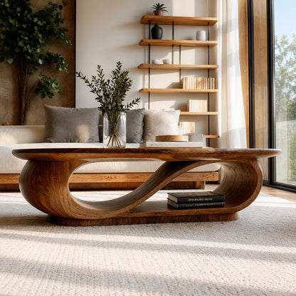 Natural Solid Wood Oval Coffee Table with Sculptural Loop Base and Lower Shelf - Livewoodcraft - 6