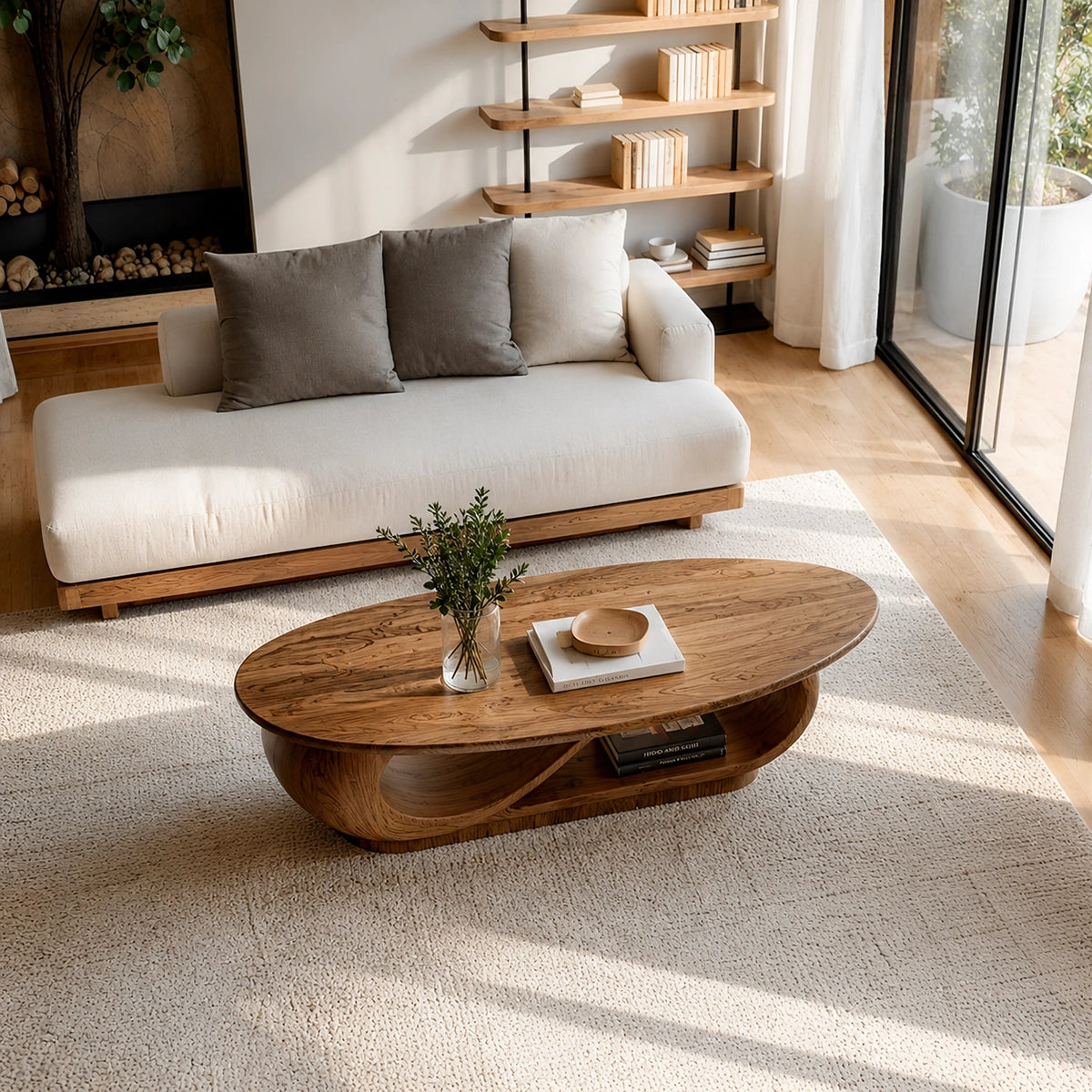 Natural Solid Wood Oval Coffee Table with Sculptural Loop Base and Lower Shelf - Livewoodcraft - 7